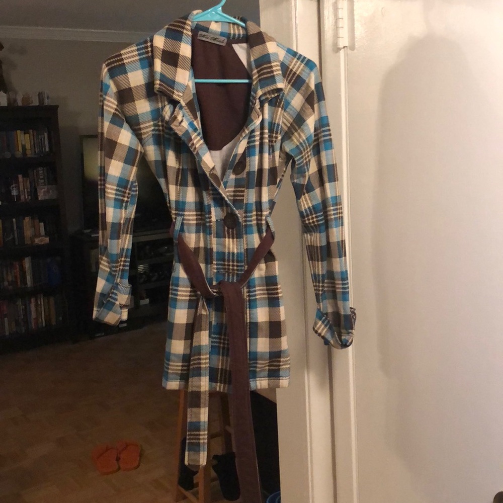 Blue and Brown tie waist jacket